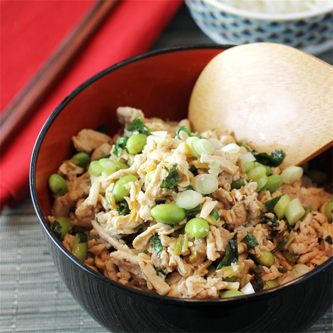 Shredded Tofu with Spicy Ground Chicken and Edamame