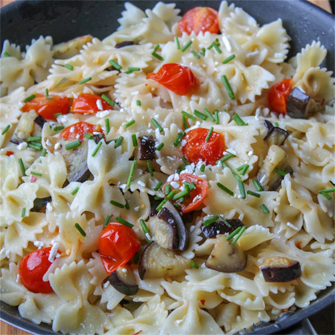 A Vegetarian Pasta dish filled with Aubergines, tomatoes spice.