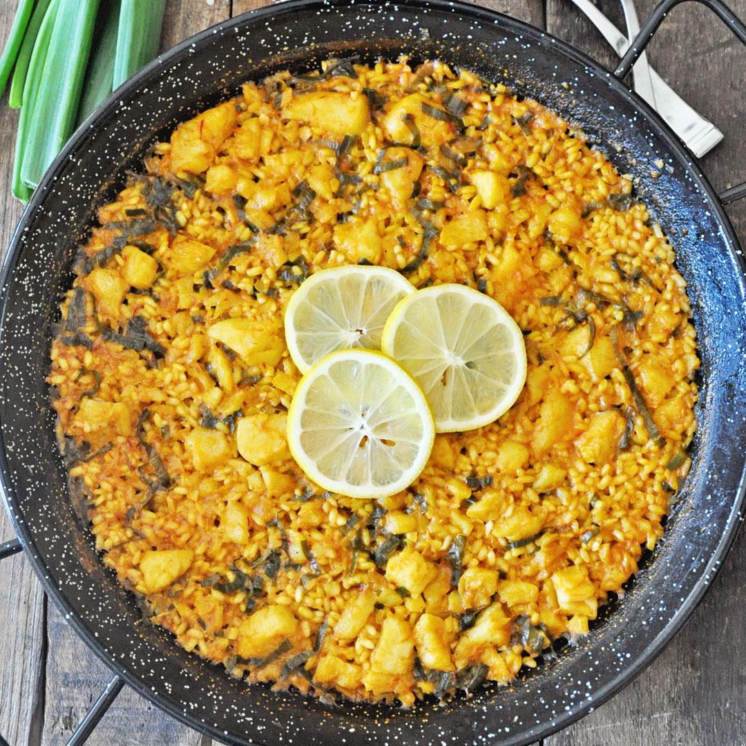 The Most Incredible Spanish Paella with Cod and Scallions
