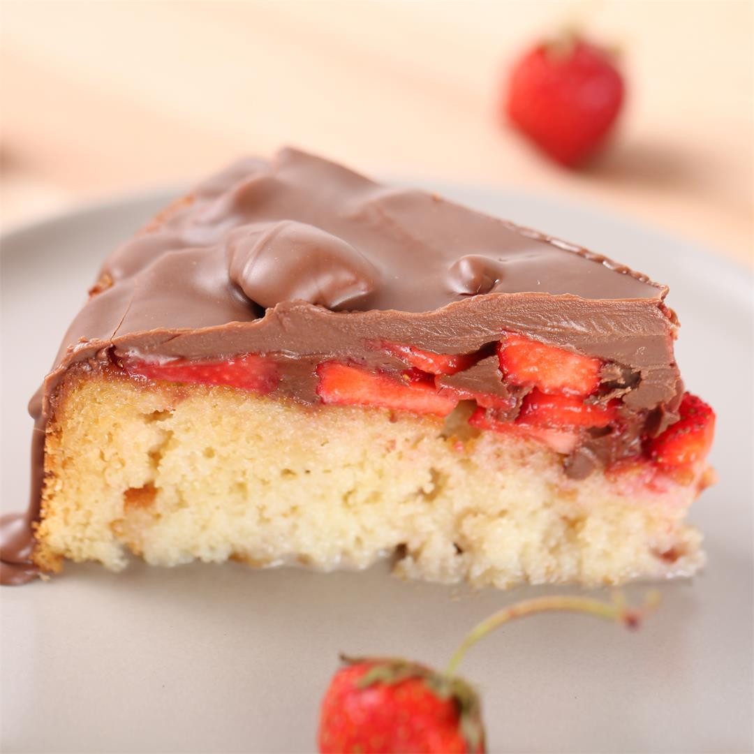 Chocolate Covered Strawberry Poke Cake