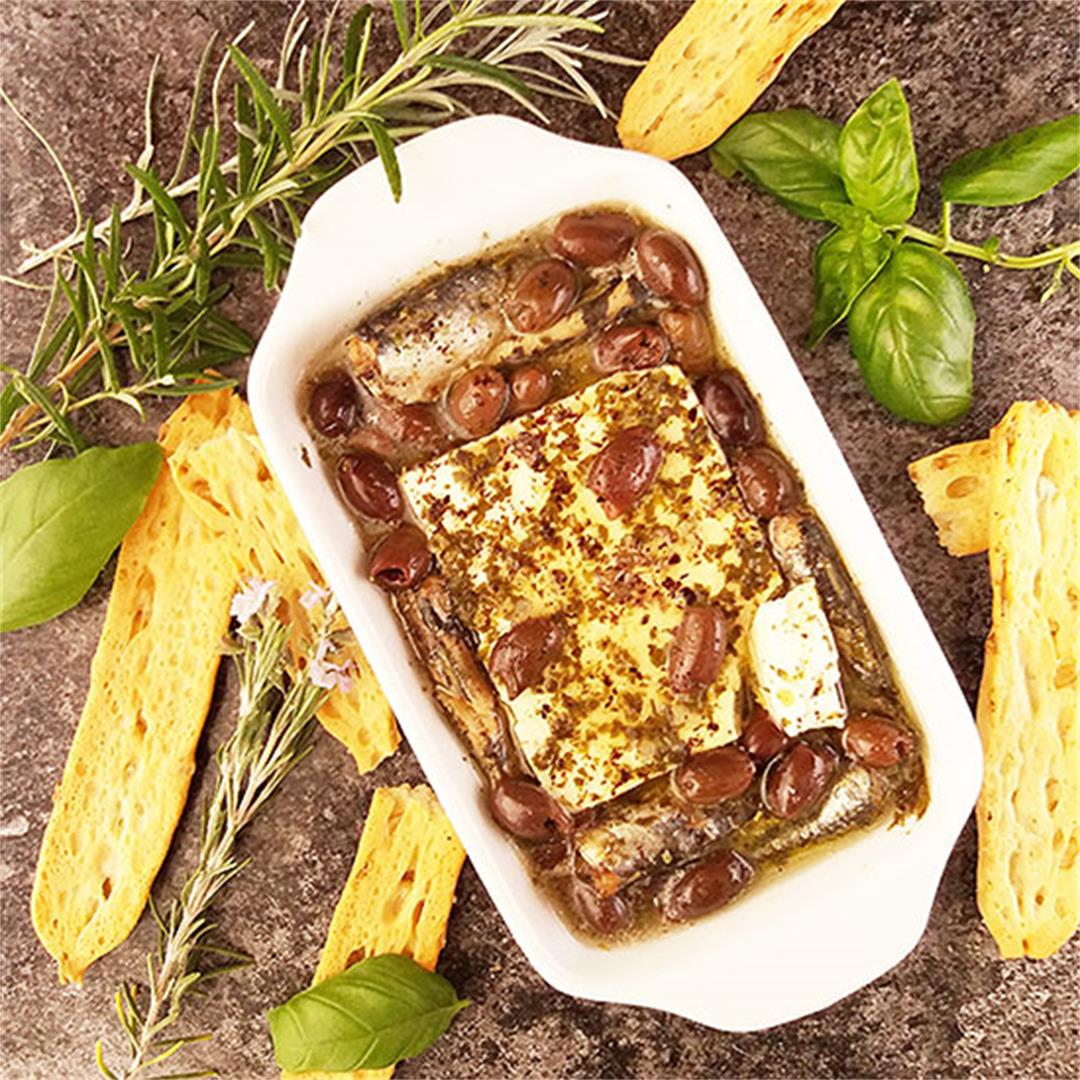 Baked Feta Cheese with Canned Sardines and Olives