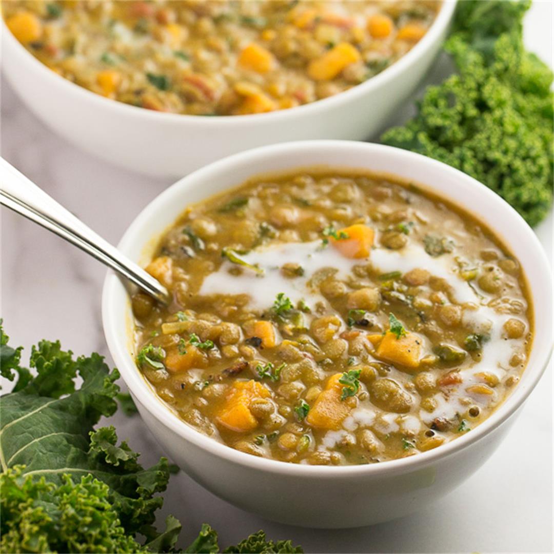 Vegan Curried Lentil Soup with Sweet Potatoes and Kale