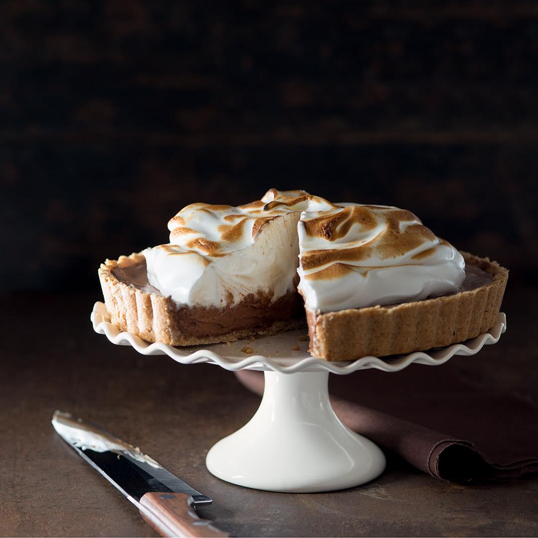 S'mores Mousse Tart with Crystallized Ginger Meringue