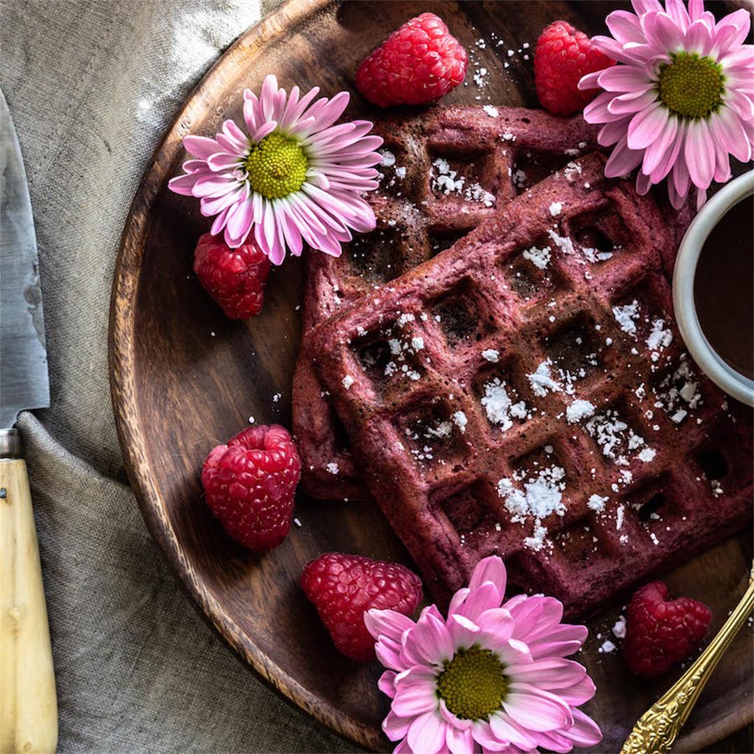 Beetroot Buttermilk Belgian Waffles with Chocolate Sauce