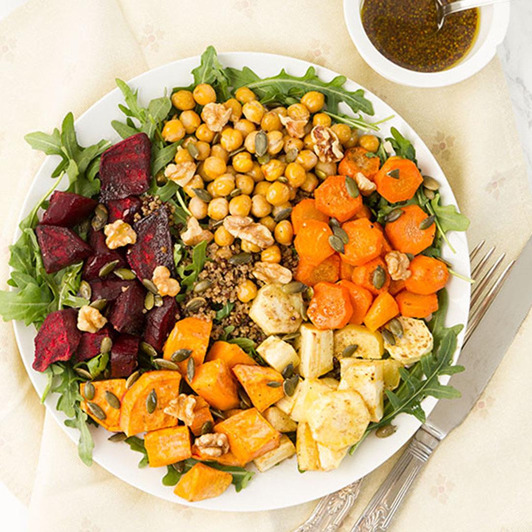 Roasted root vegetable and chickpea salad with seeds