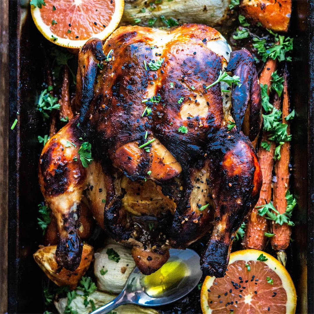 Sheet Pan Japanese Miso Roast Chicken with Carrots & Bok Choy
