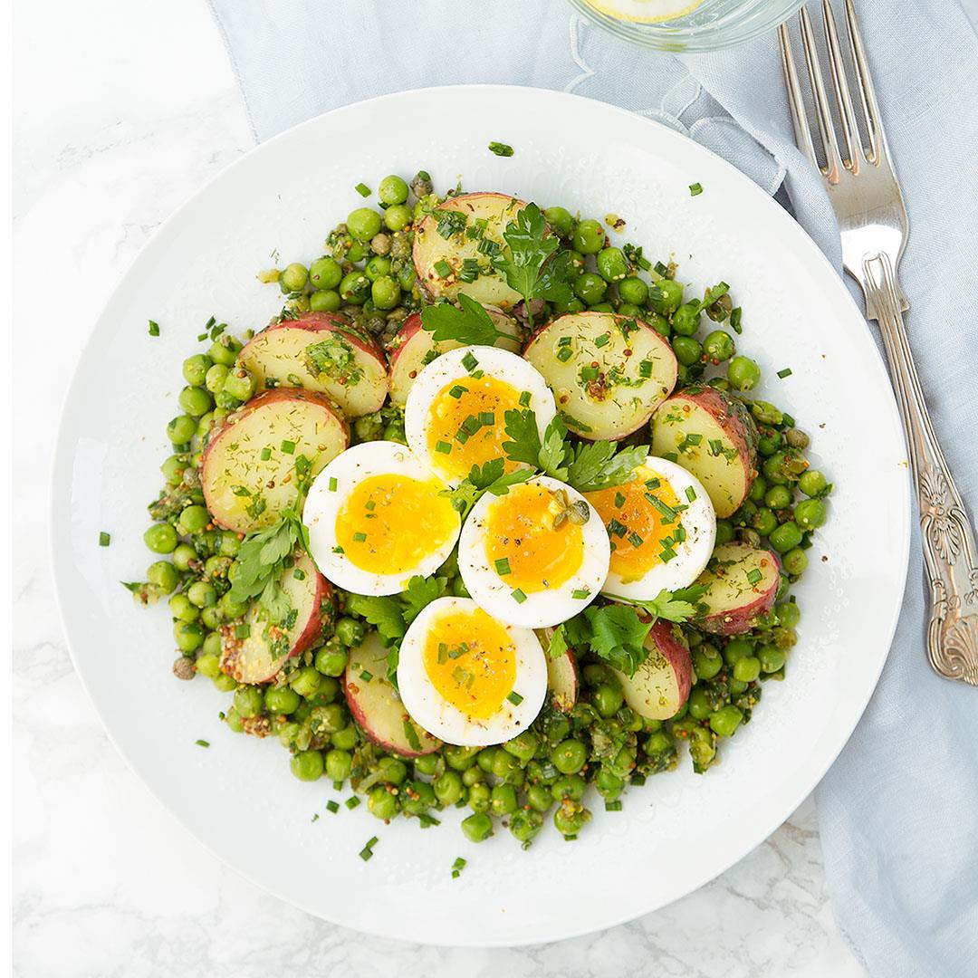 Potato, egg and pea salad with herb mustard dressing