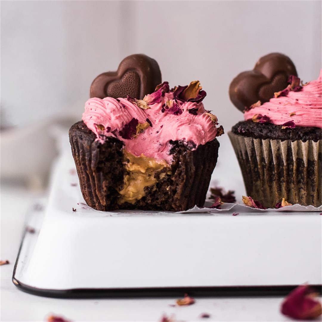 Peanut Butter Chocolate Cupcakes with Strawberry Rose Frosting