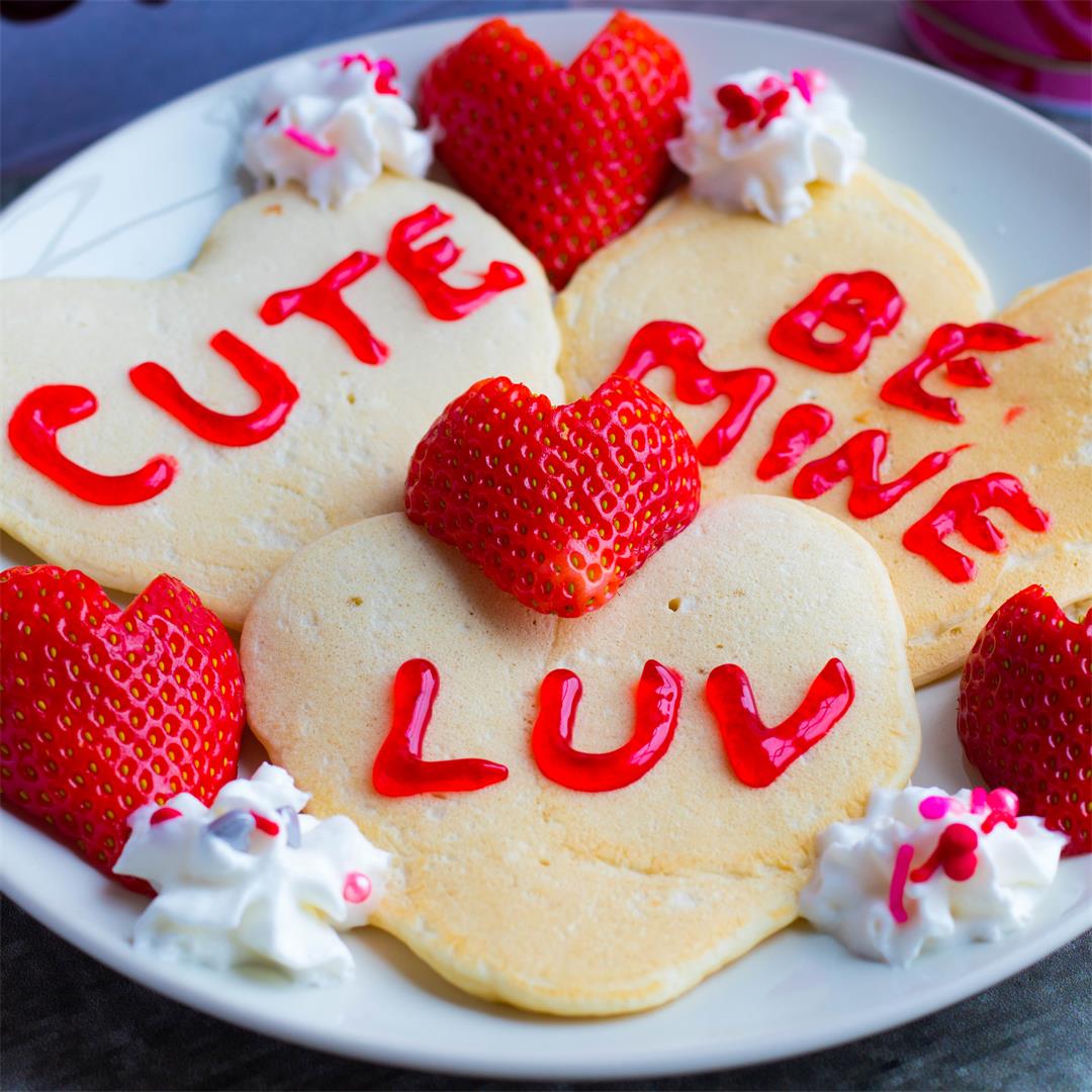 Conversation Heart Pancakes with Heart Strawberries