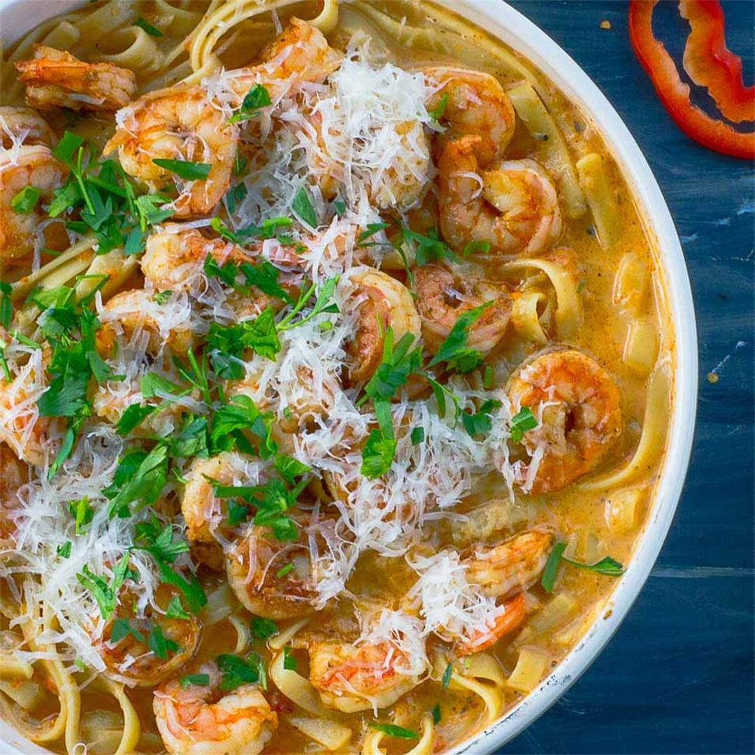Roasted Red Pepper Pasta with Cajun Shrimp