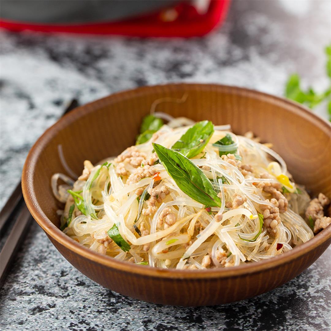 Pork & Thai Basil Cellophane Noodles. Easy weeknight meal!