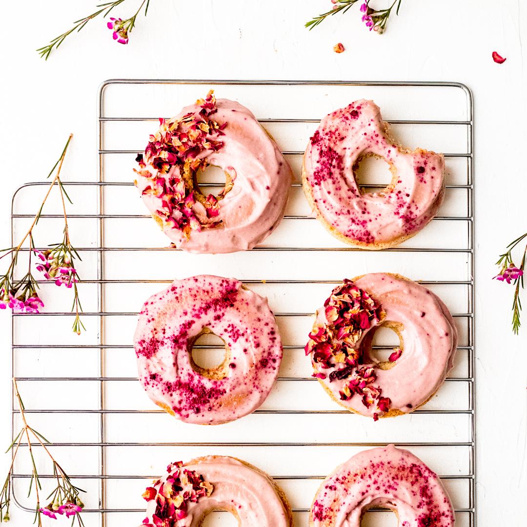 Pink Vegan Donuts With Cashew Cream Frosting