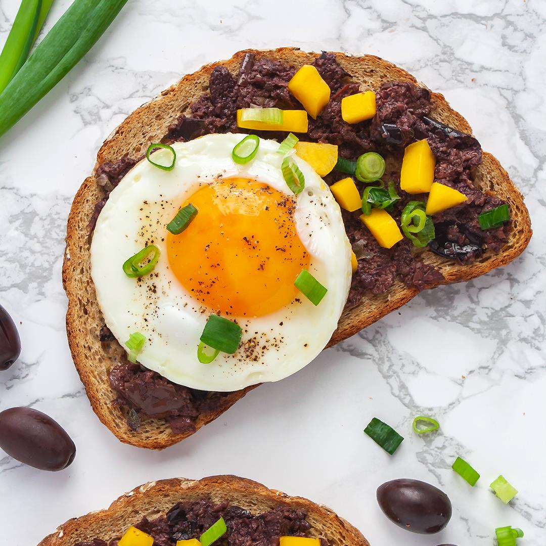 Breakfast Egg Toast with Mango and Olive Spread