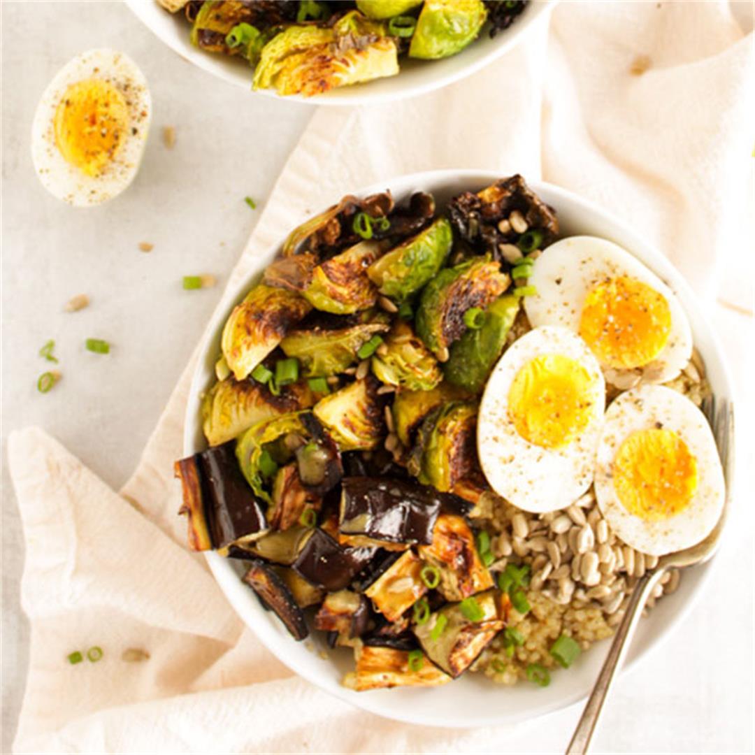 Brussels Sprouts Eggplant Buddha Bowl. Perfect 30 minute meal.
