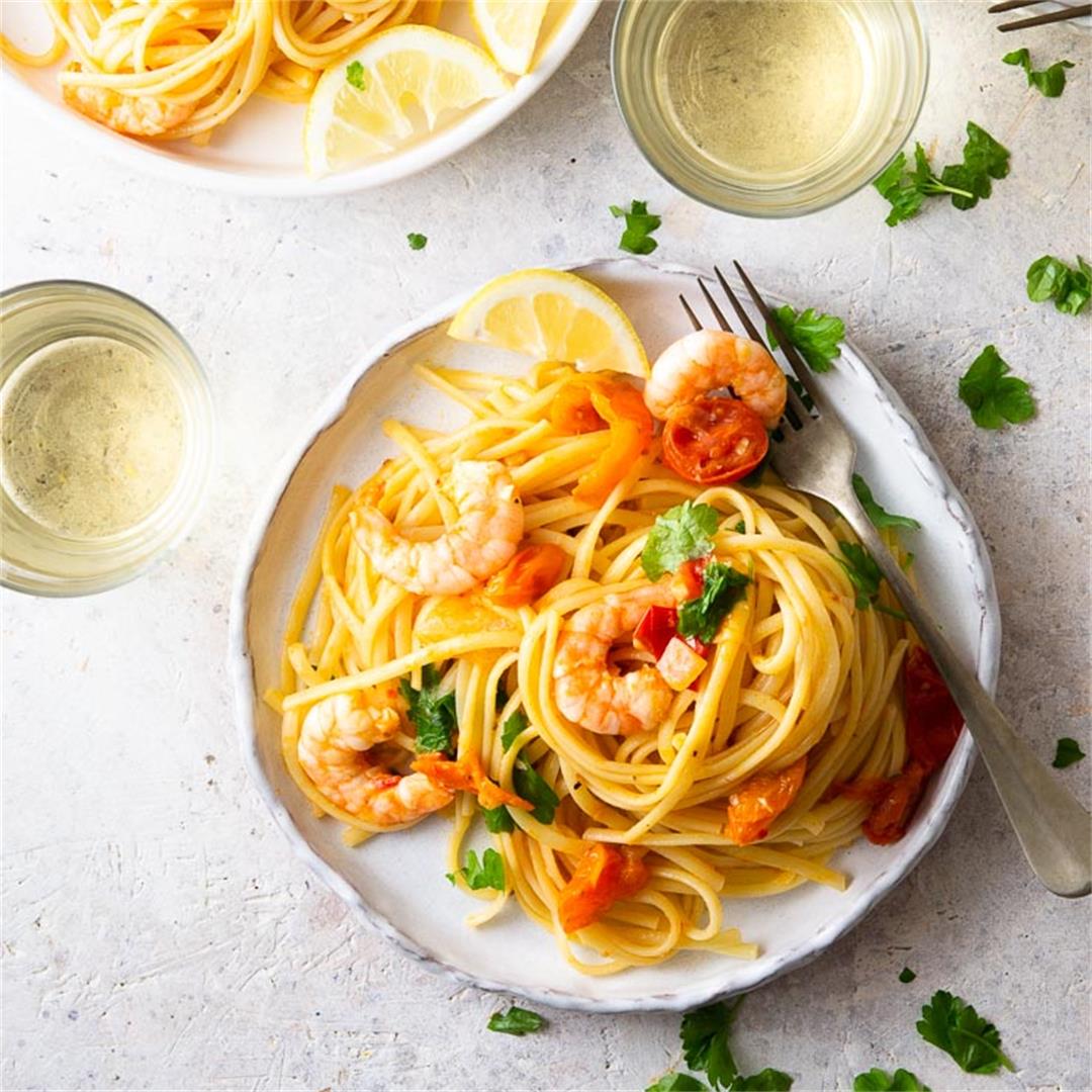 Shrimp Linguine with Burst Tomatoes and Parsley
