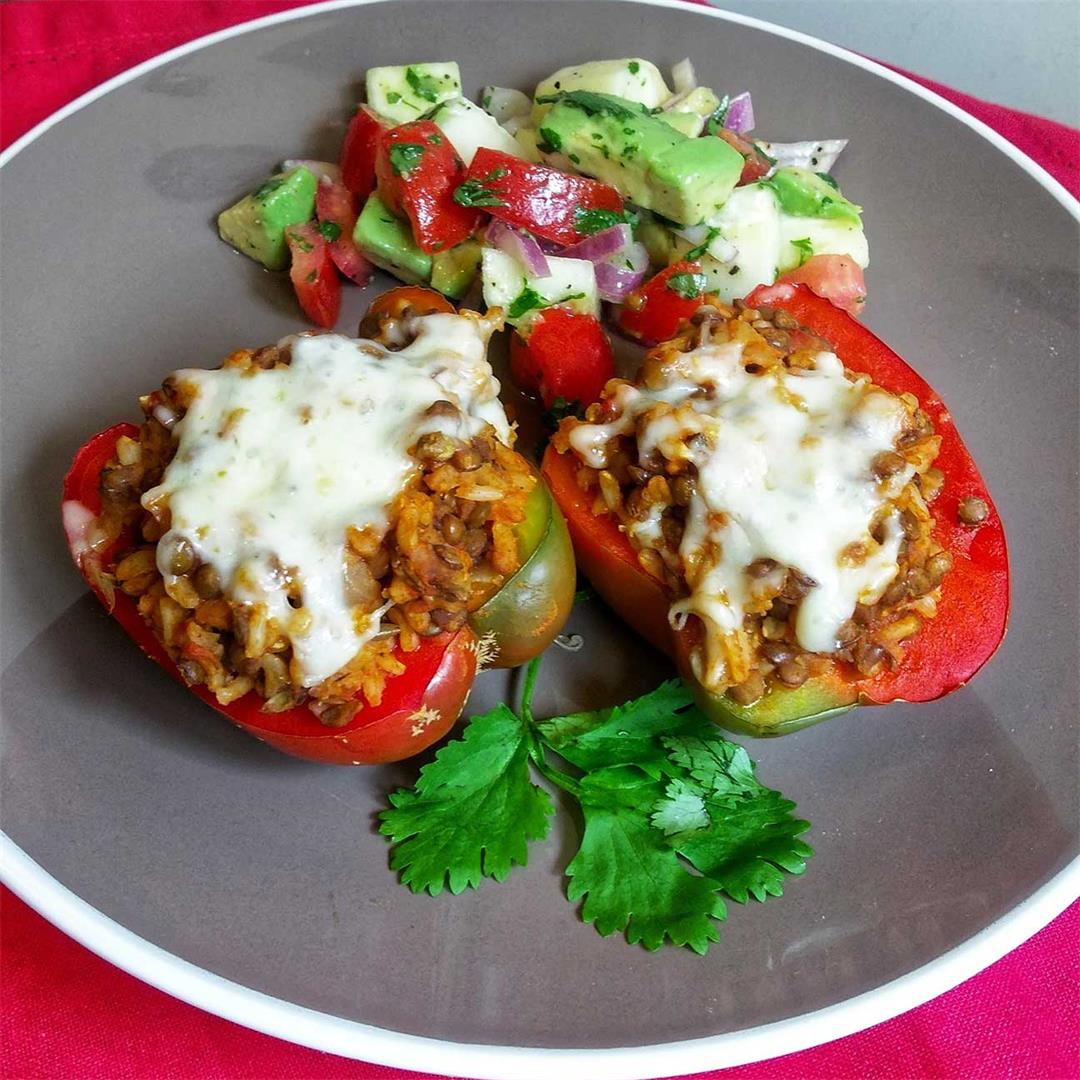 Spicy Lentil and Brown Rice Stuffed Peppers