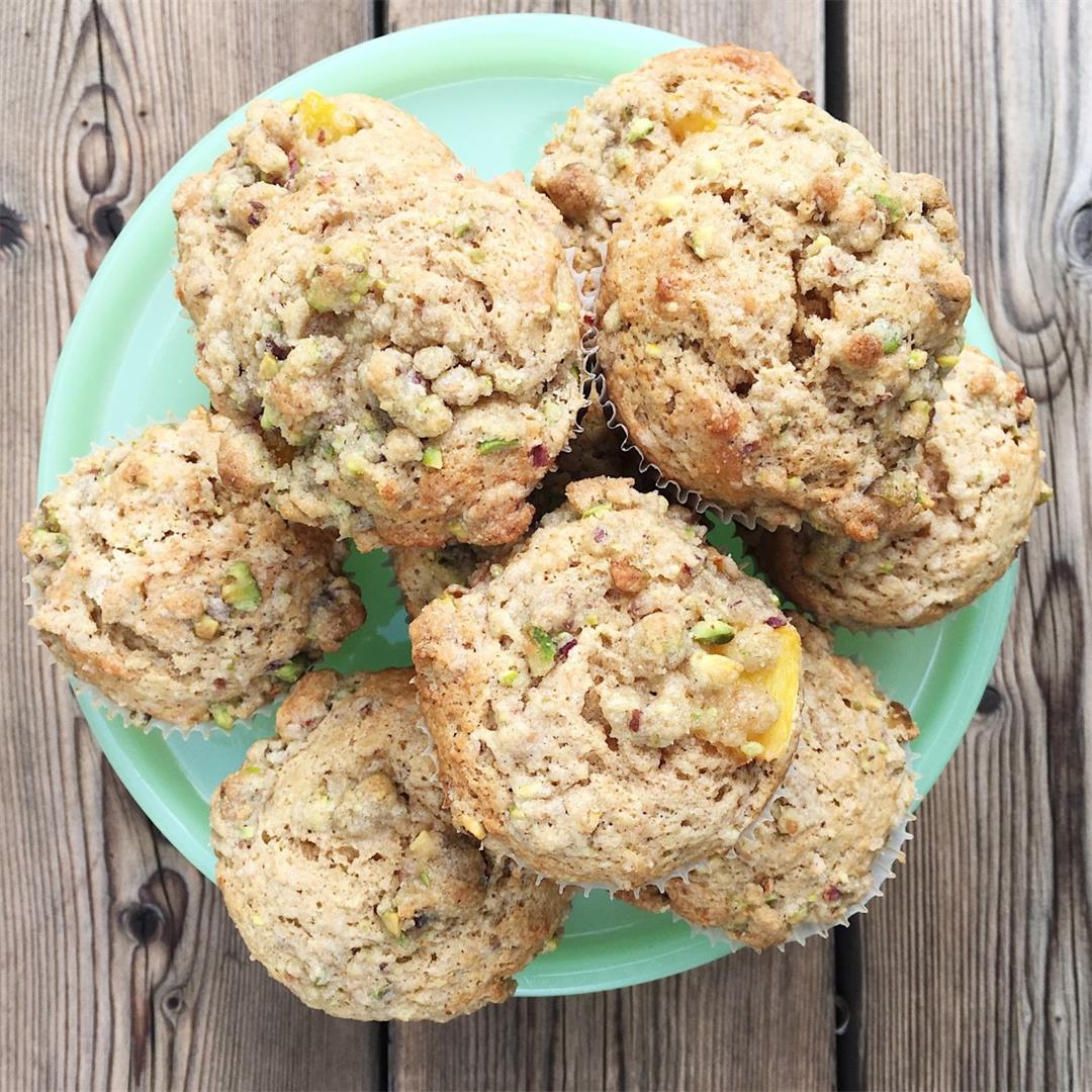 Peach Cardamom Muffins with Pistachio Crumble