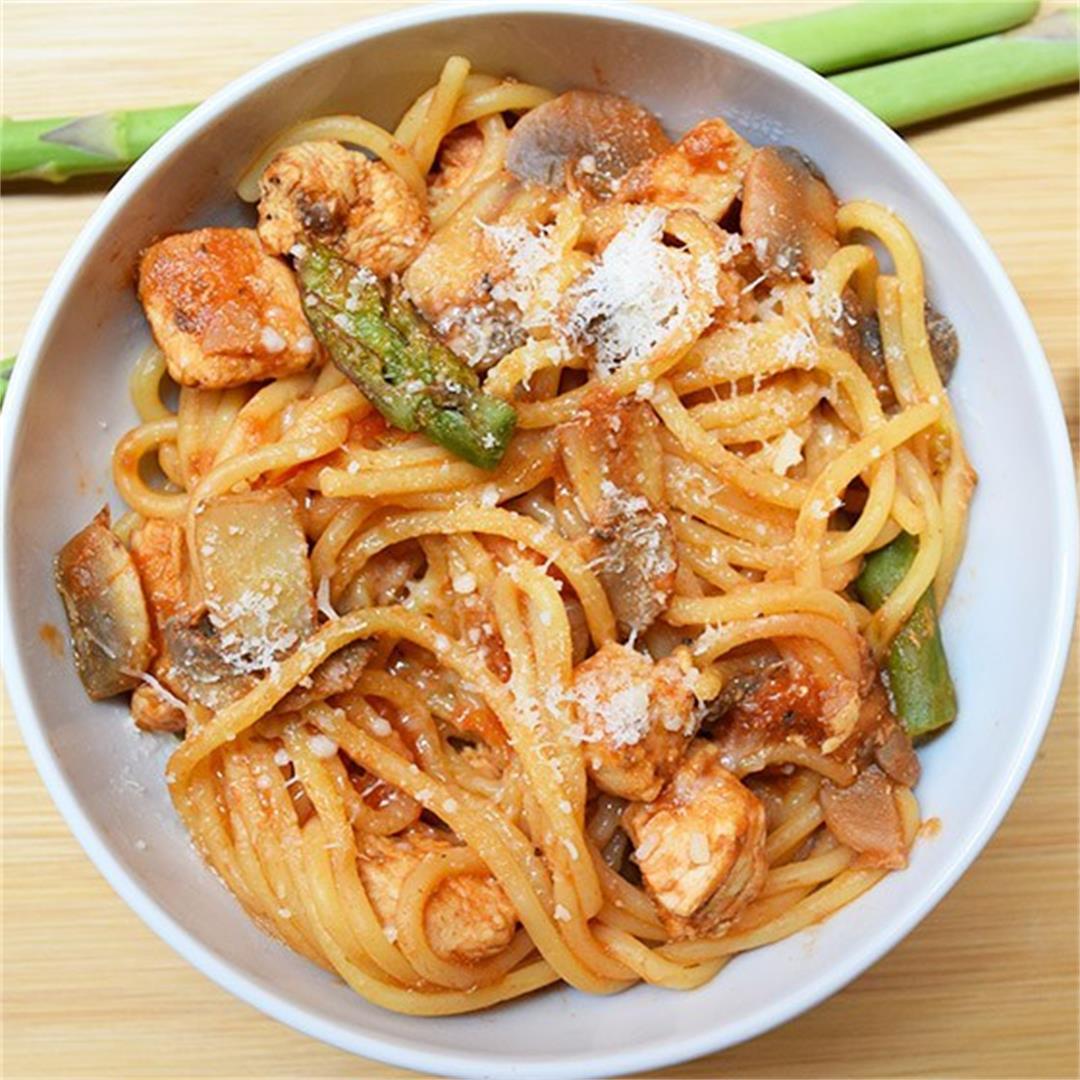 Chicken Mushroom and Asparagus Spaghetti