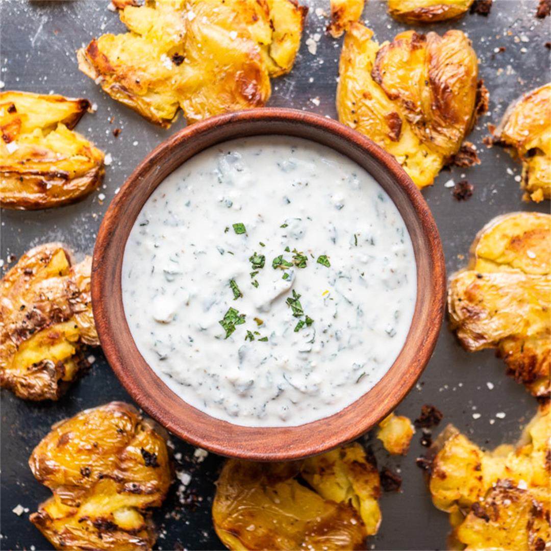 Crispy Smashed Potatoes with Mint and Feta Dip