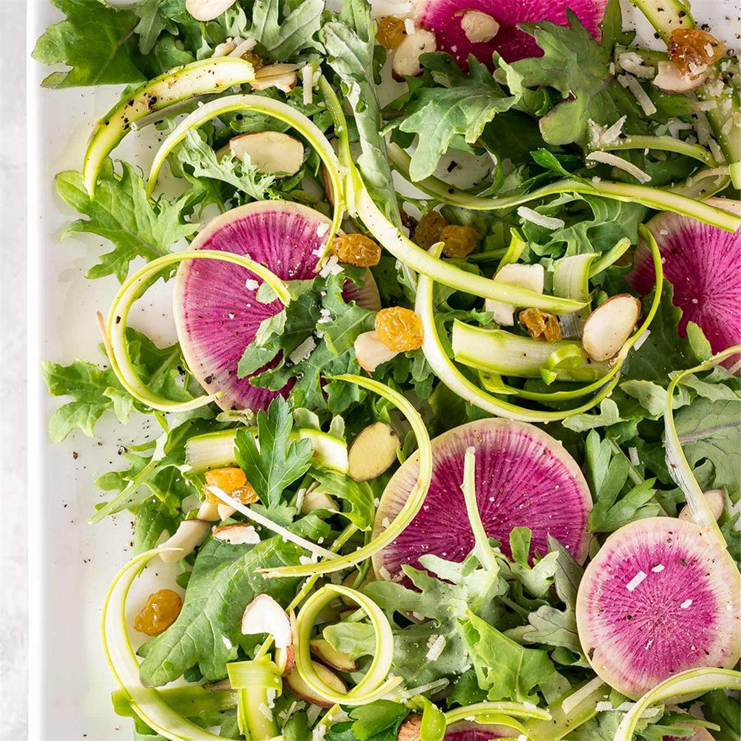 Asparagus & Watermelon Radish Salad with Lemon Basil Dressing