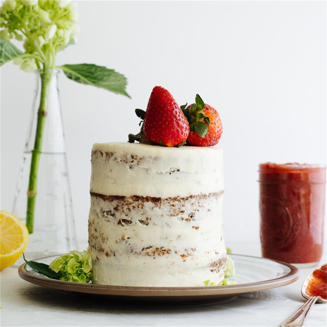 Lemon Cake with Rhubarb Strawberry Jam Filling (V)