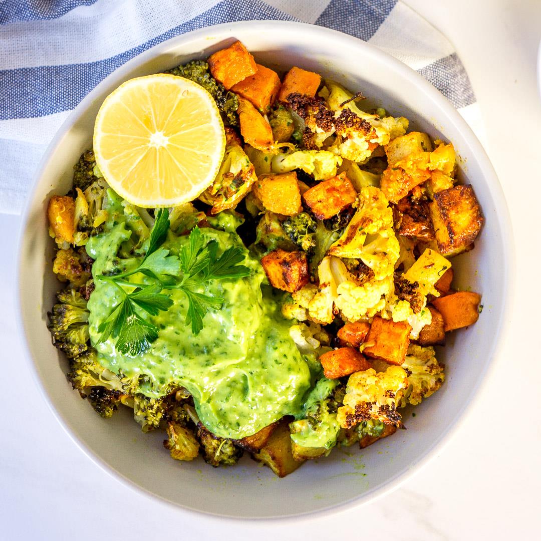 Roasted Vegetable Bowls with Green Goddess Sauce