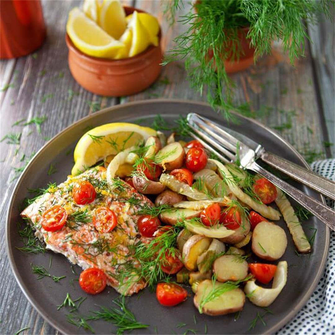 Roasted Salmon with Fennel, Tomatoes, and Potatoes