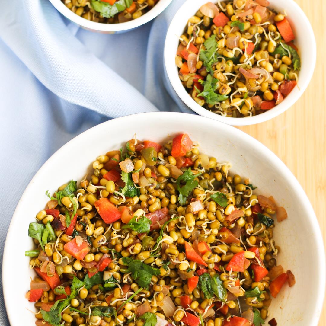 Sprouted Moong dal stir-fry - a healthy snack or a side!