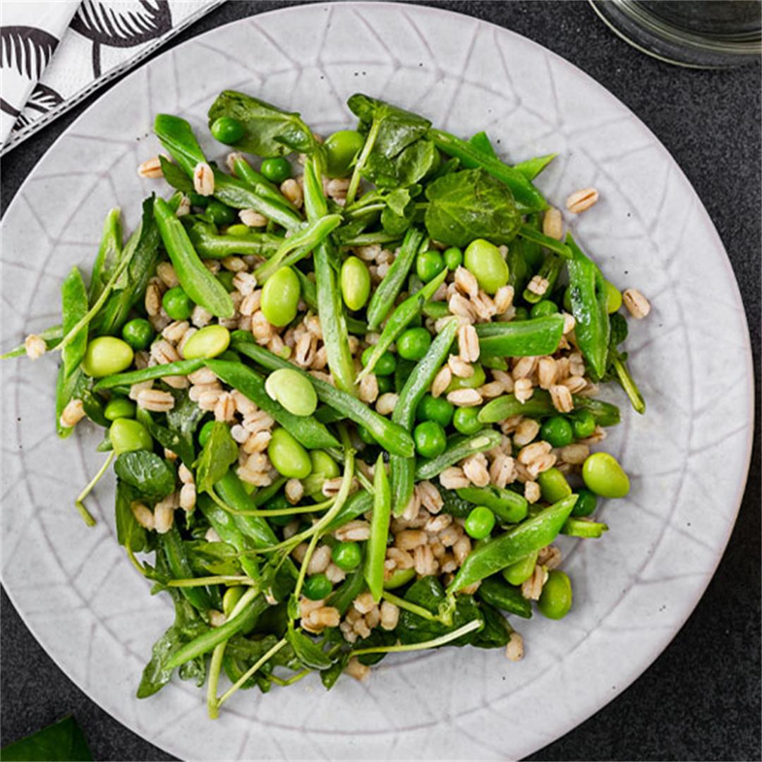 Runner beans, peas, edamame and barley spring salad