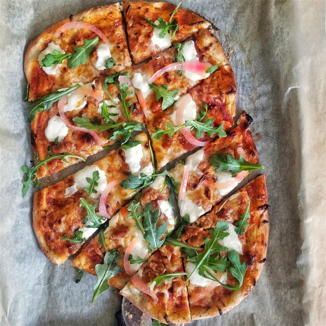 Gourmet Italian Sausage and Pepperoni Pizza with Arugula