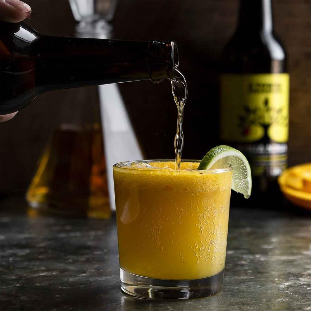 Ginja Mango Rum Float: ginger hard cider and mango sorbet cockt