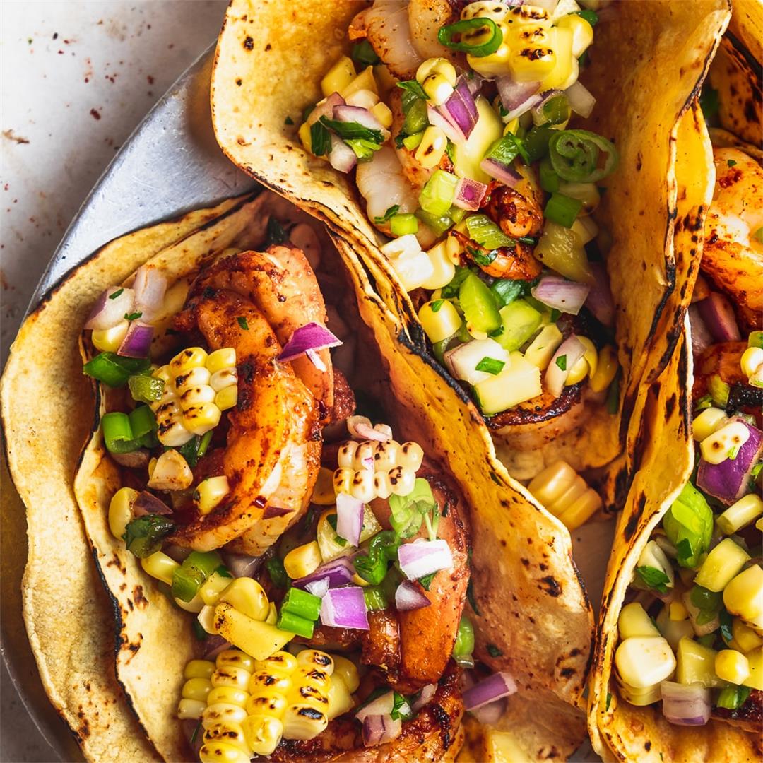 Spicy Shrimp Tacos with Charred Corn and Mango Salsa
