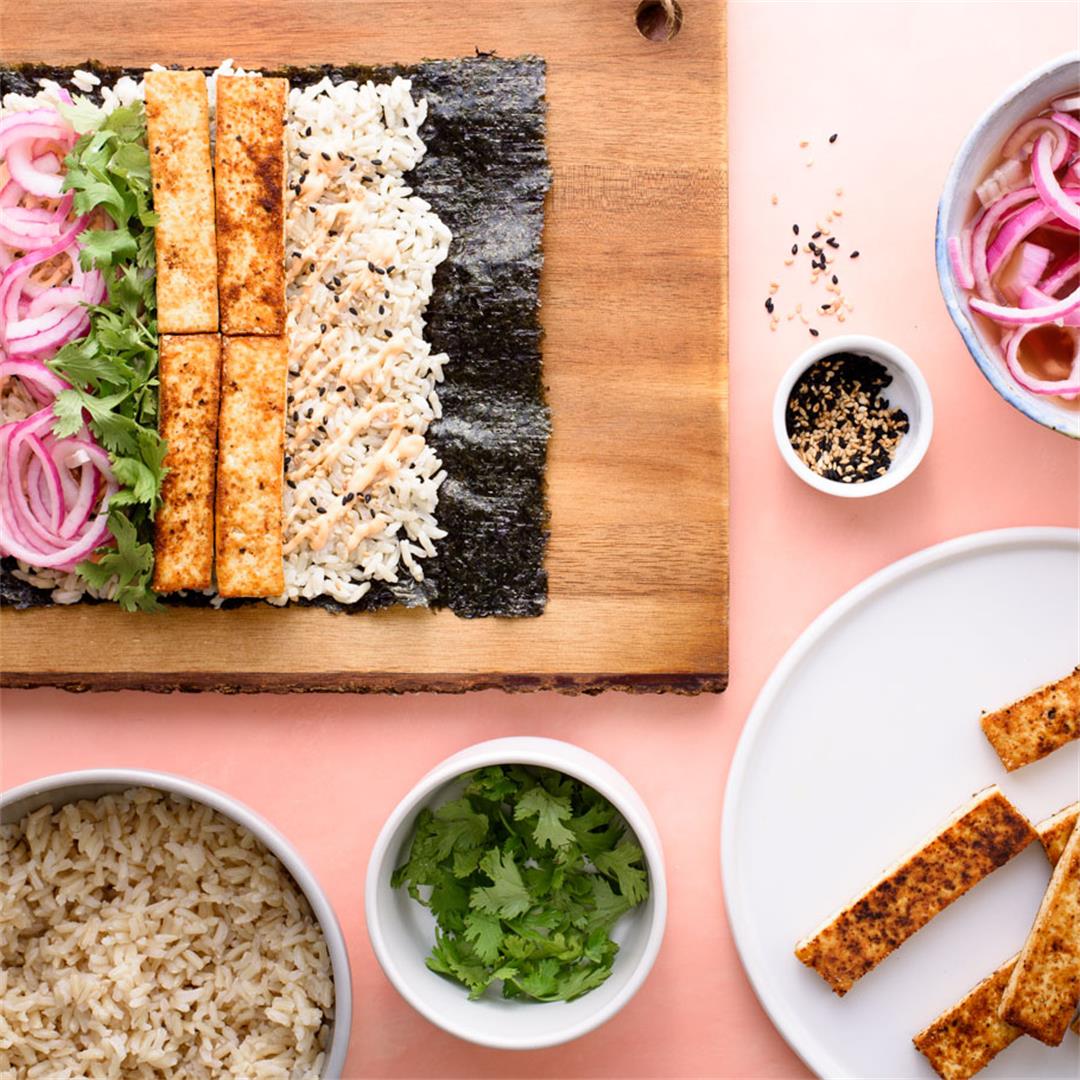 Sushi Burrito Recipe with Crispy Tofu, Quick-Pickled Onions & S