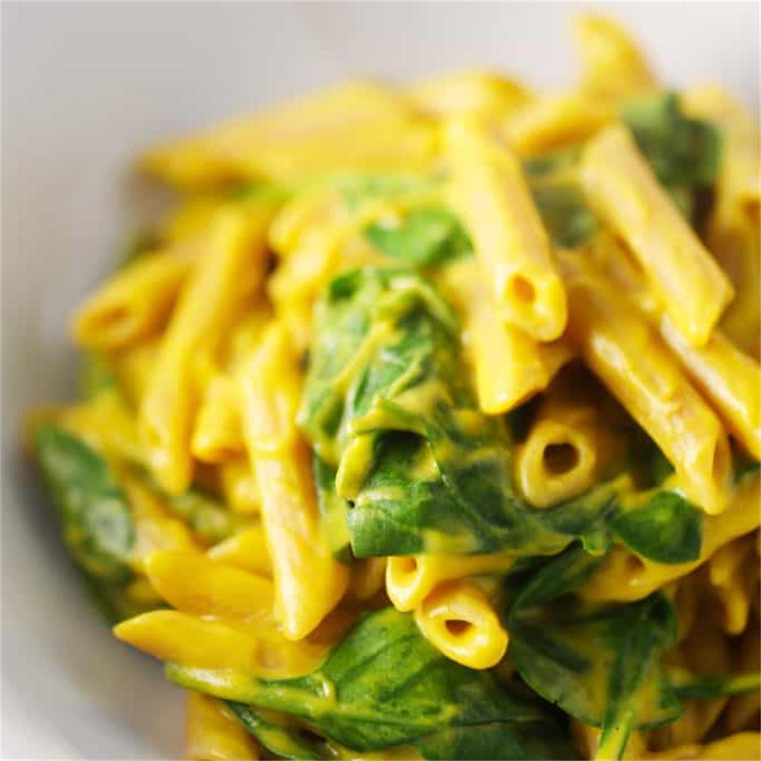 Red Lentil Pasta with Pumpkin Alfredo and Fresh Spinach