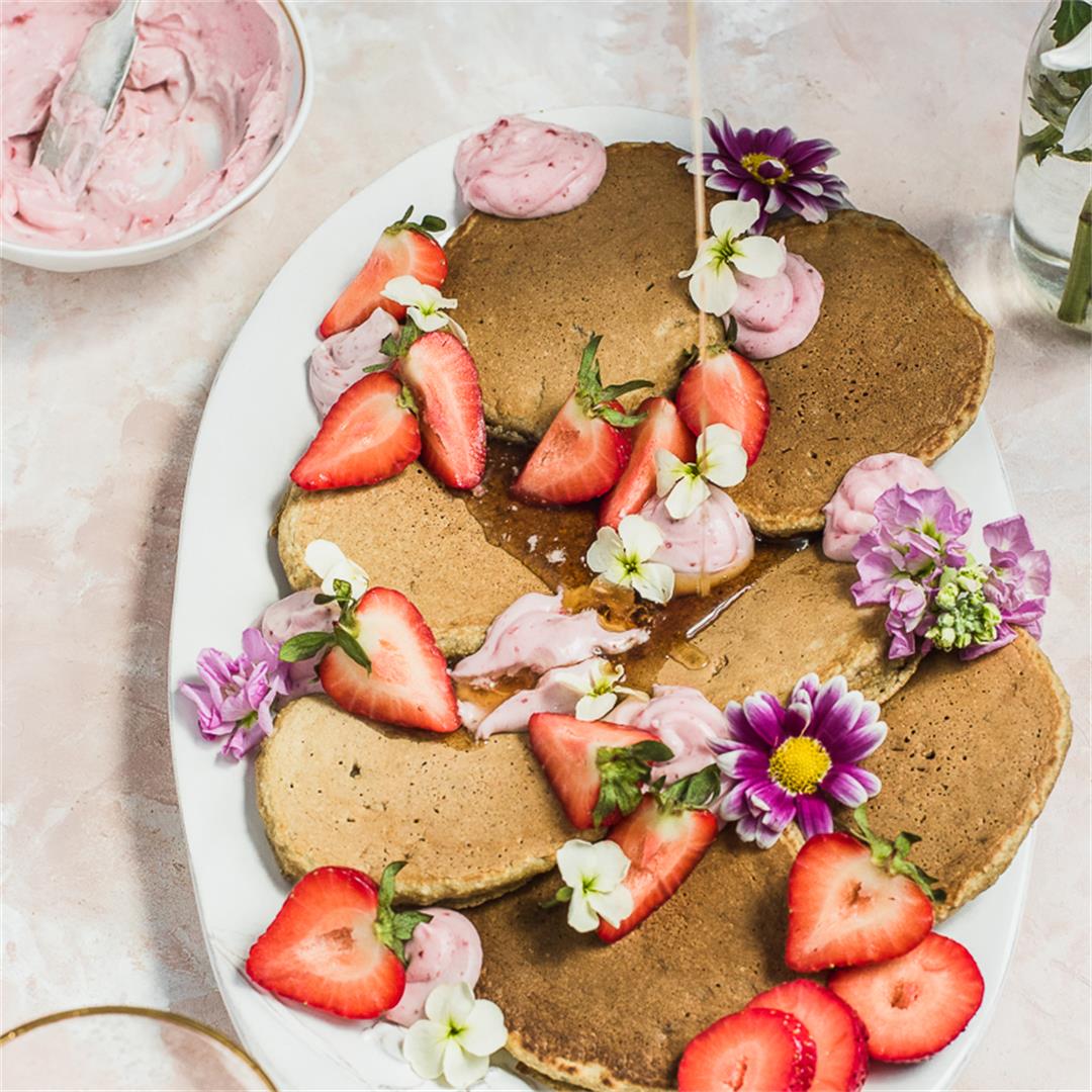 Fluffy Pancakes with Strawberry Whipped Cream made Dairy Free