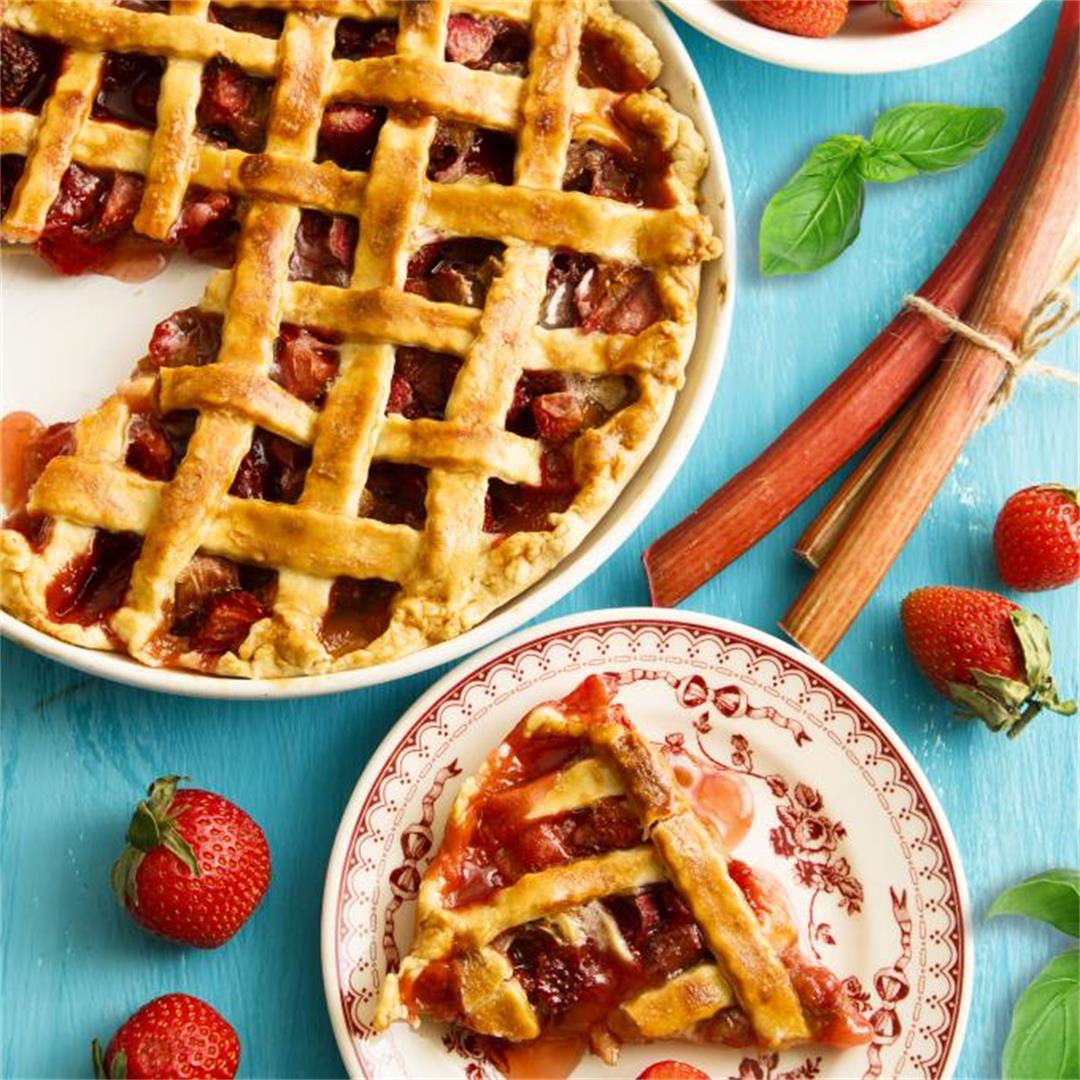 Strawberry Rhubarb Basil Balsamic Pie