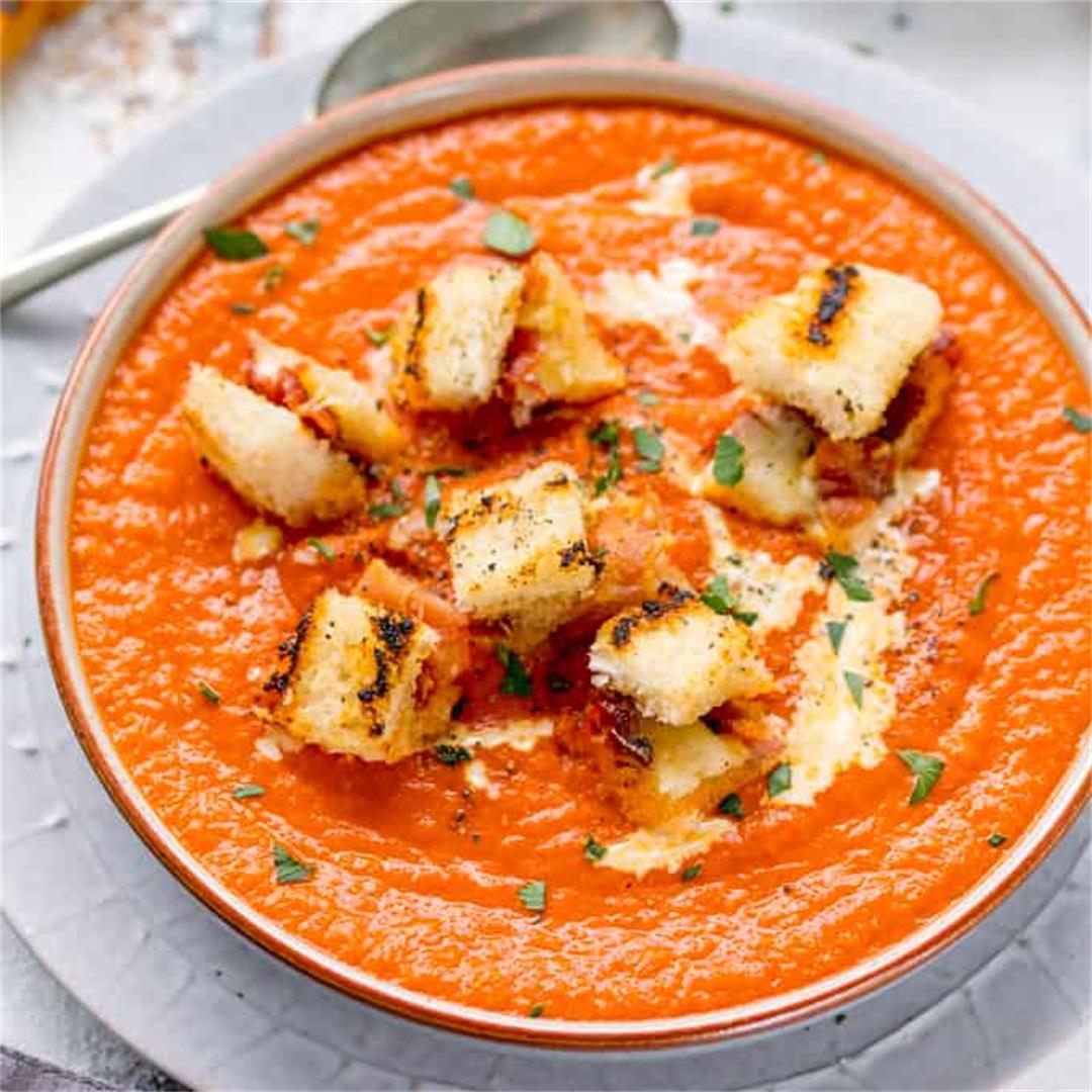 Hidden Veg Tomato Soup with Gruyere Bacon Croutons