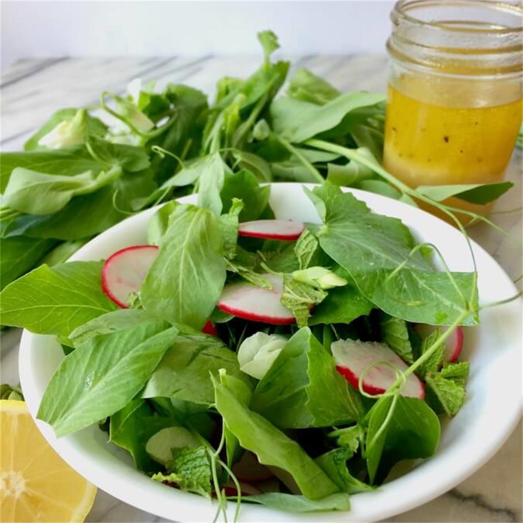 Spring Pea Shoot Salad with Lemon-Garlic Dressing