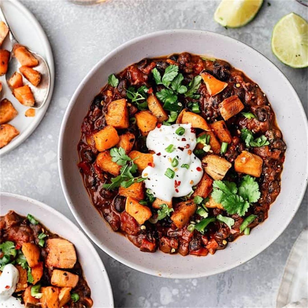 Black Bean Chipotle Chili with Roasted Sweet Potato