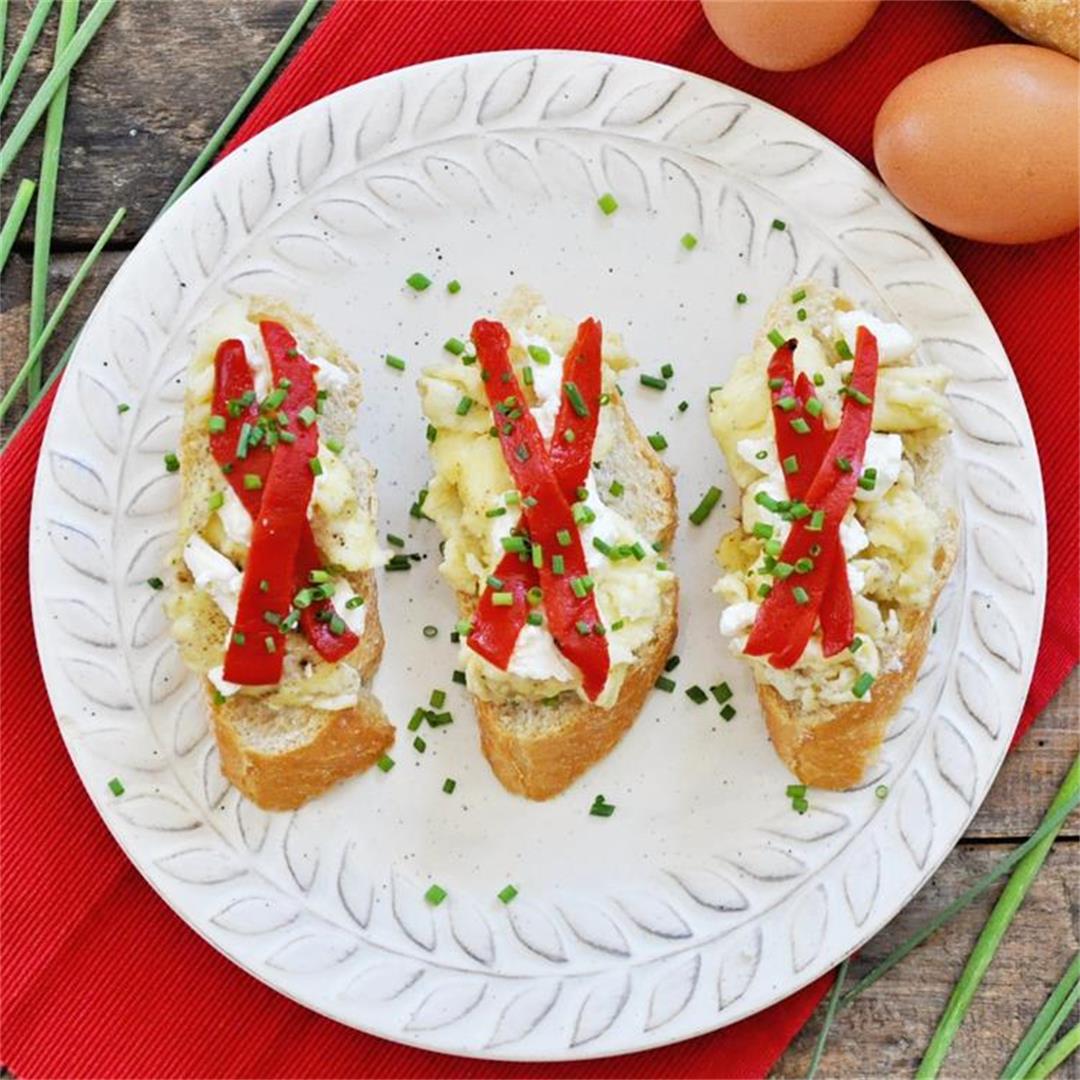 Scrambled Egg Montaditos with Roasted Peppers & Goat Cheese