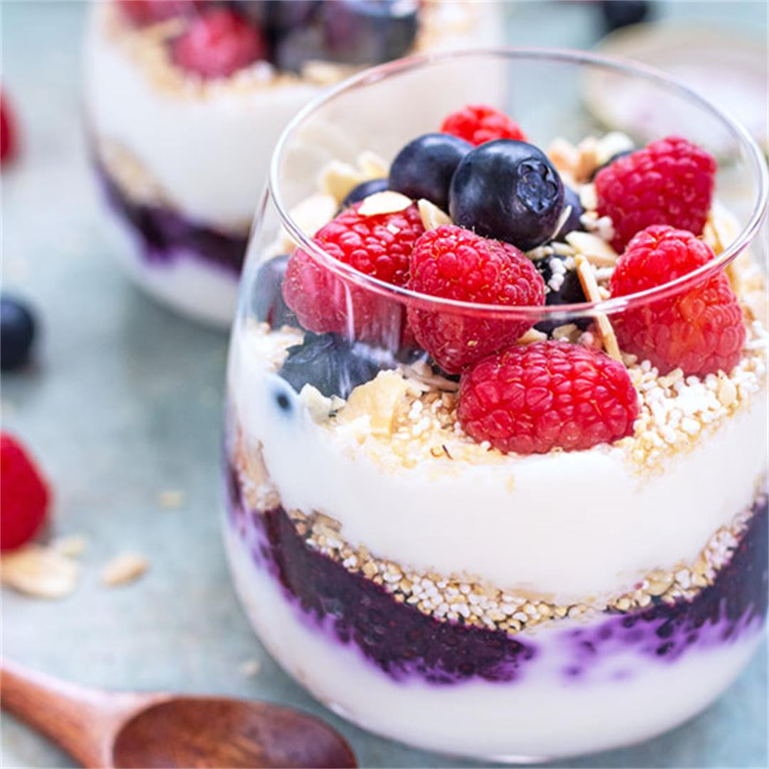 Summer berries yogurt parfait with popped amaranth