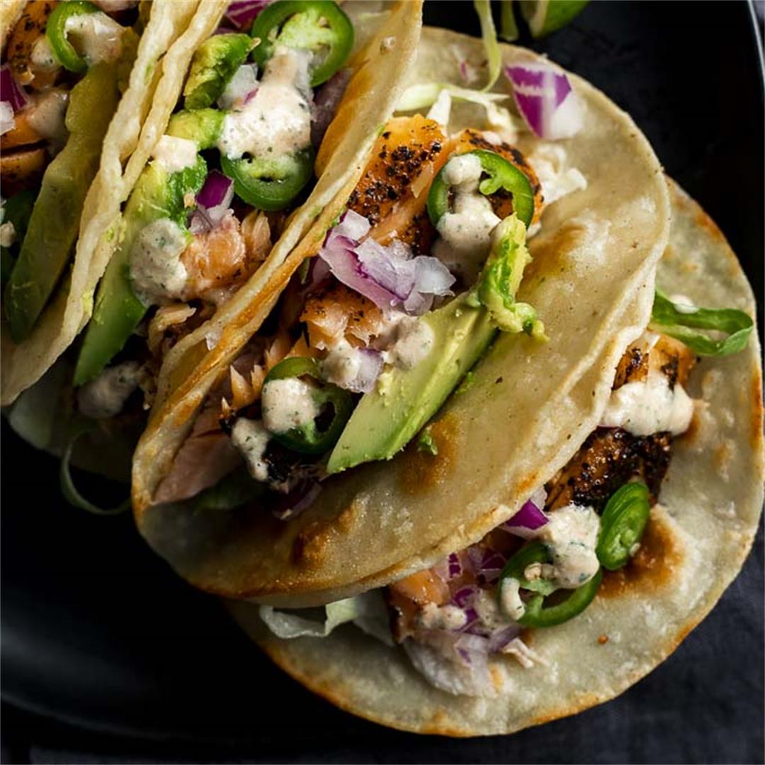 Sweet & Spicy Grilled Salmon Tacos with Creamy Salsa