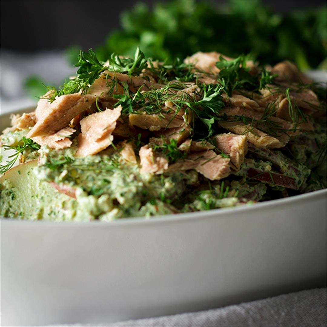 Potato Salad with Creamy Green Sauce and Tuna Fillets