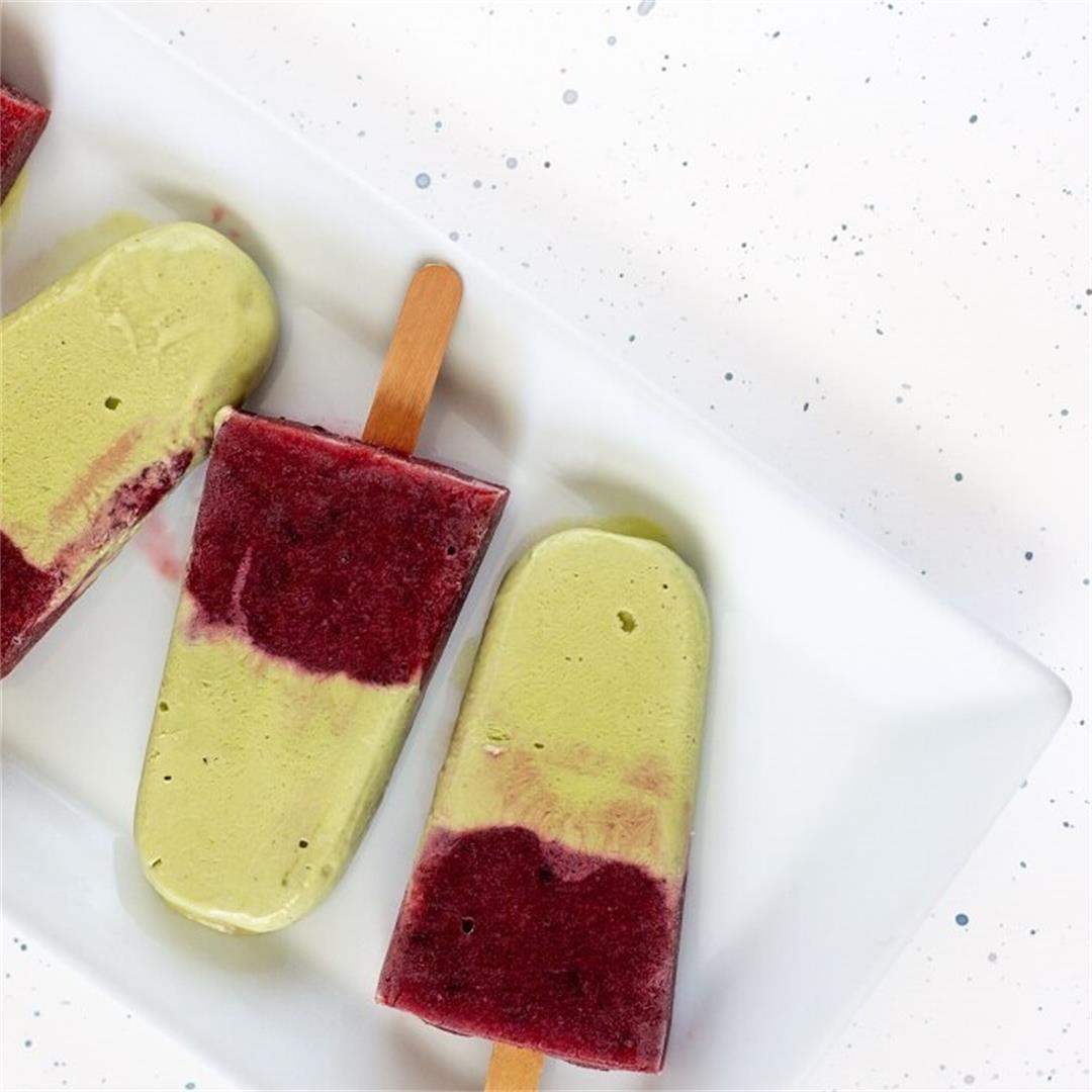 Matcha Popsicles with Cherry Rose Compote