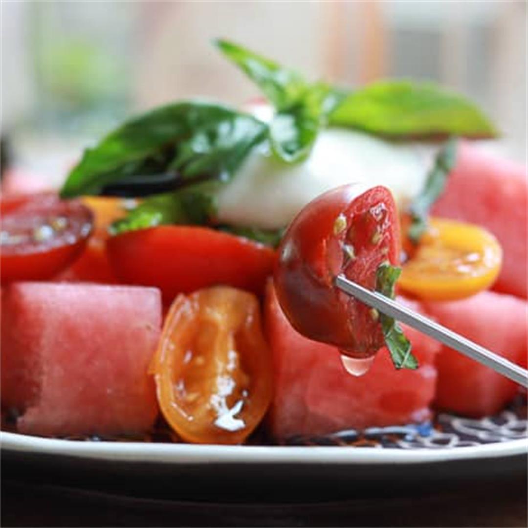 Summer Watermelon Tomato Salad with Burrata, Mint and Basil