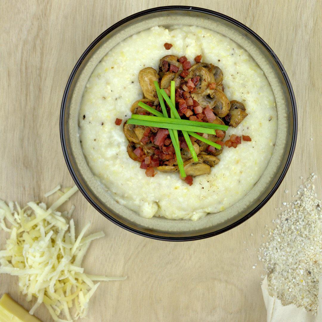 Gruyere Grits with Mushrooms and Crispy Bacon – A Gourmet Food