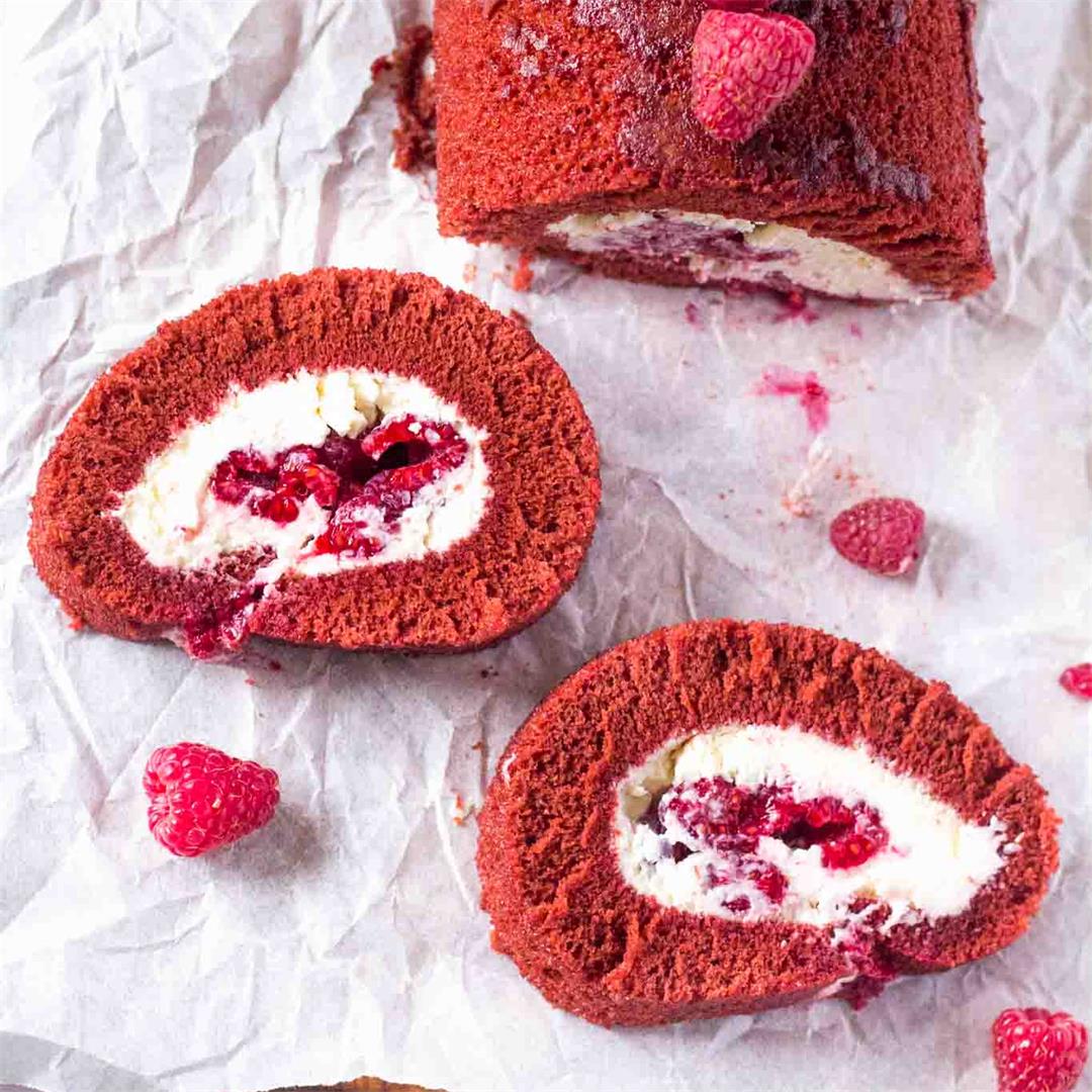 Red Velvet Raspberry Mascarpone Cake Roll