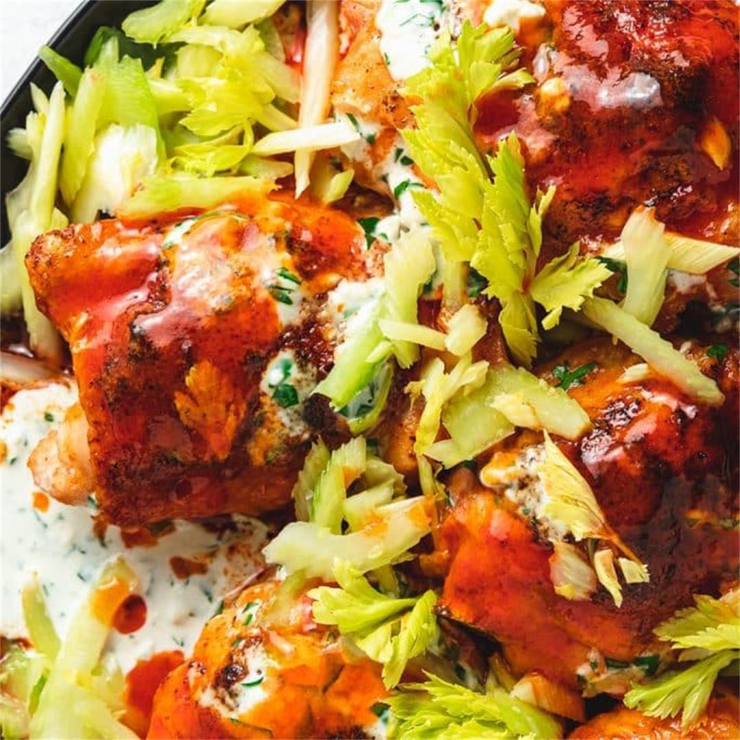 Buffalo Chicken Thighs with Pickled Celery