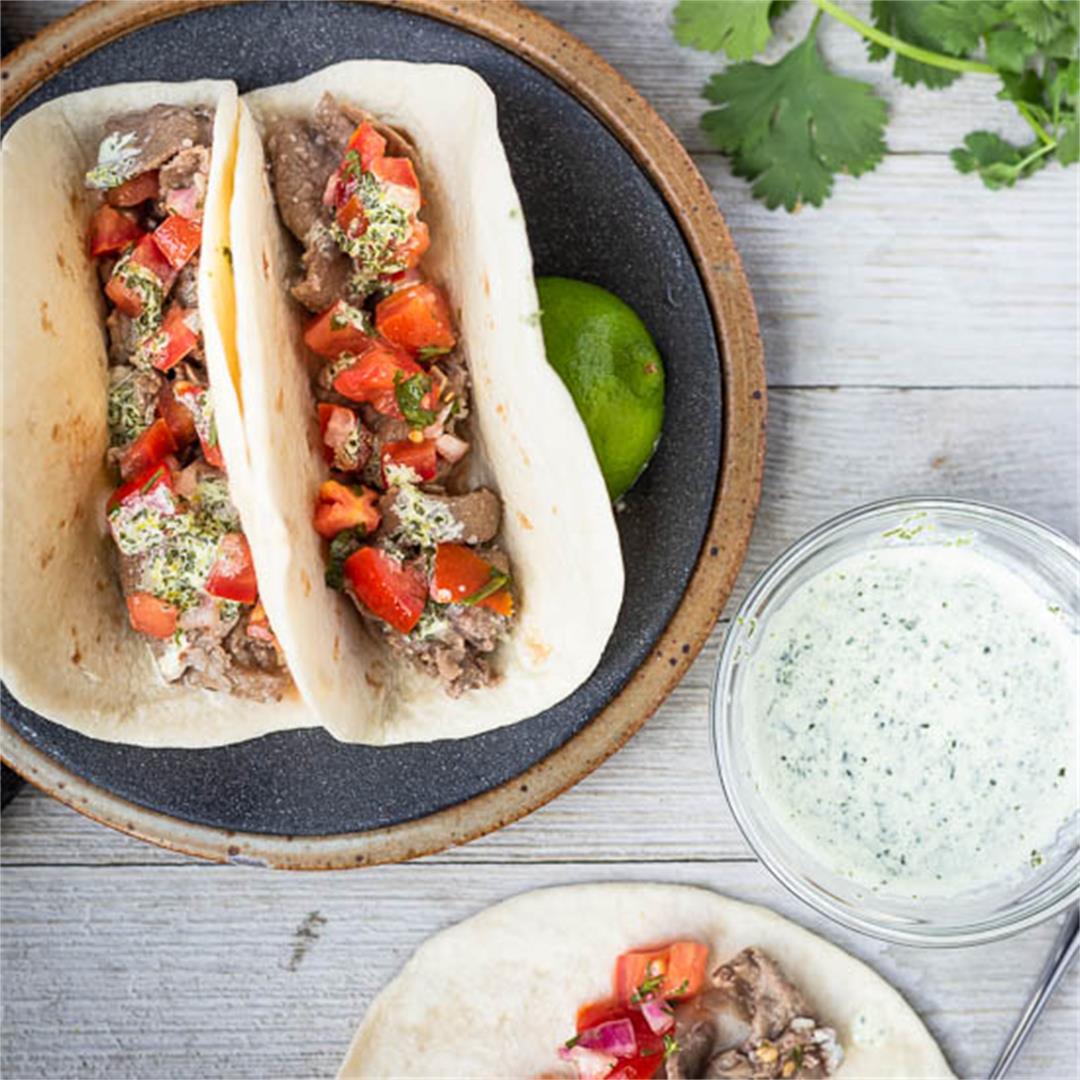 Garlic Beef Tacos with Cilantro Lime Sauce