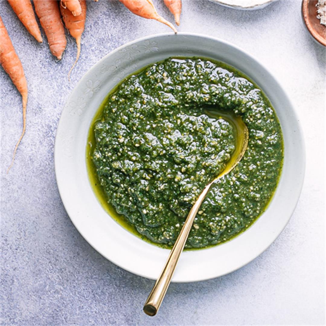 Carrot Top Pesto, a Simple Food Waste Recovery Recipe